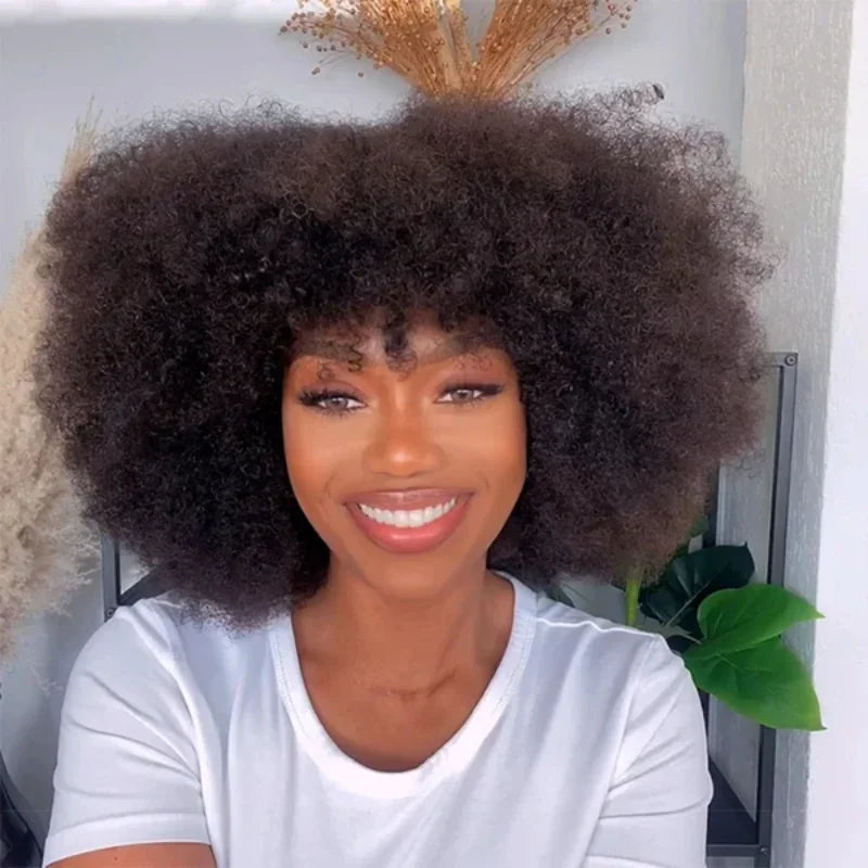 Fluffy Afro Kinky Curly Human Hair Wig With Thick Bangs 99J Red Short Bob Wigs For Black Women 180% Density Full Machine Hair