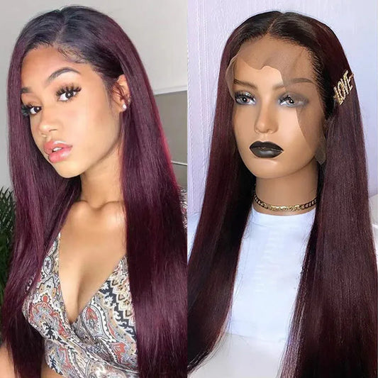 Ombre Hd Lace Front Human Hair Wigs Dark Red Colored Bone Straight Human Hair Wig Glueless Princess 99J Burgundy Brazilian Wigs