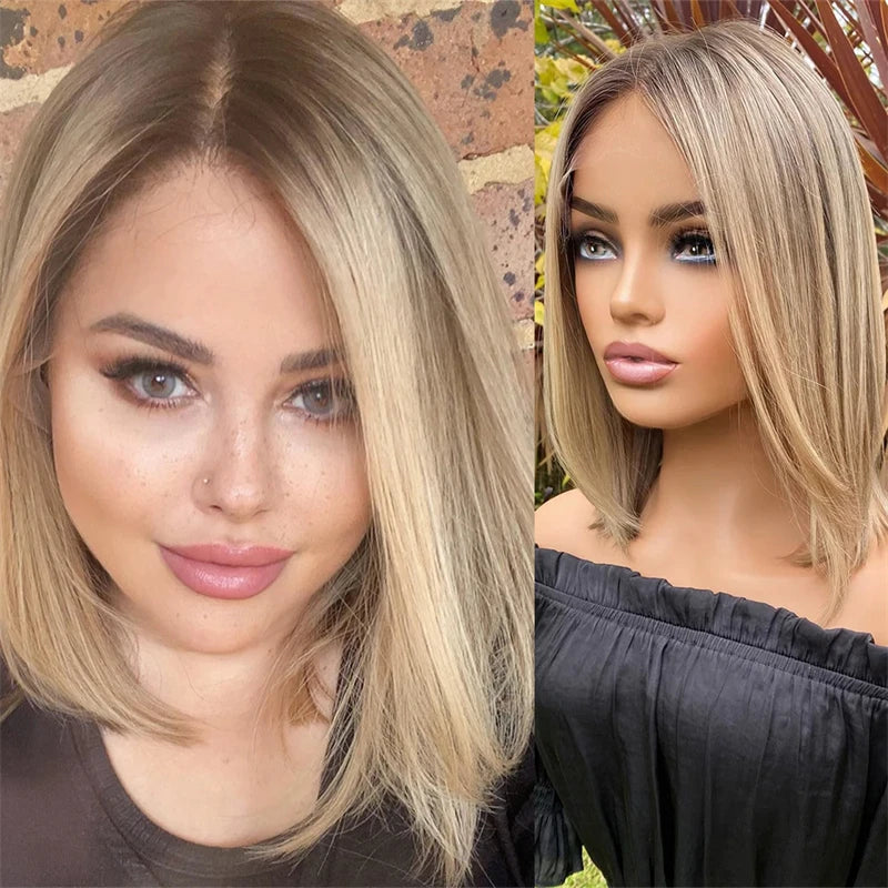 Short Straight Bob HD Lace Wigs Virgin Human Hair Wig Medium Ash Blonde Highlights HD Lace Wig Rooted 13x4 Lace Front Wig 150%