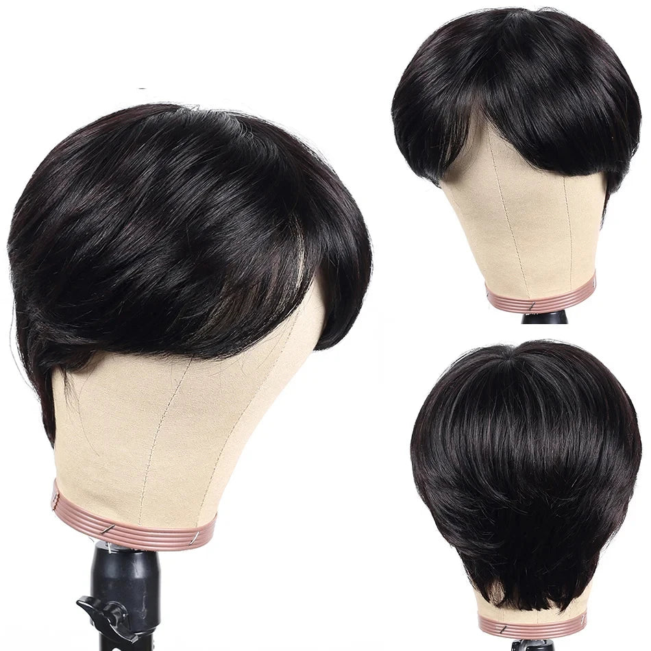 Pixie Cut 100% Full machine Human Hair Wig with Bangs for Women Short Layered Human Hair Brazilian Natural Black Hairs Cheap Wig