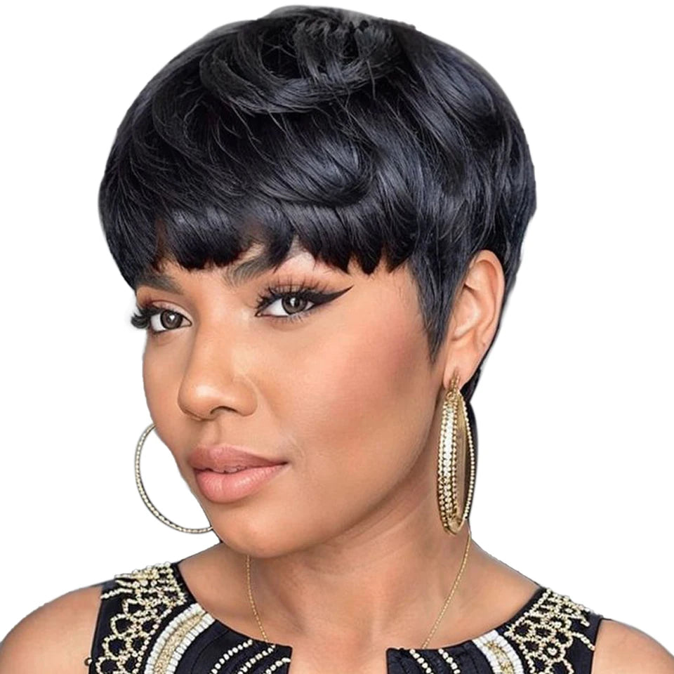 1B Pixie Short Cut Colored Straight Human Hair Wigs With Bangs Fringe Full Machine Made Wigs For Women Brazilian Natural Black