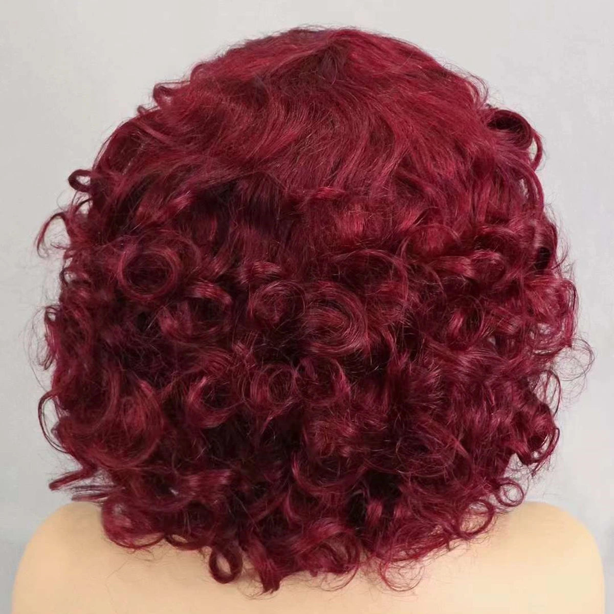 200% Density 99J# Burgundy Bouncy Curly Human Hair Wigs with Bangs Short Machine Made Loose Curly Bob Wigs PrePlucked for Women