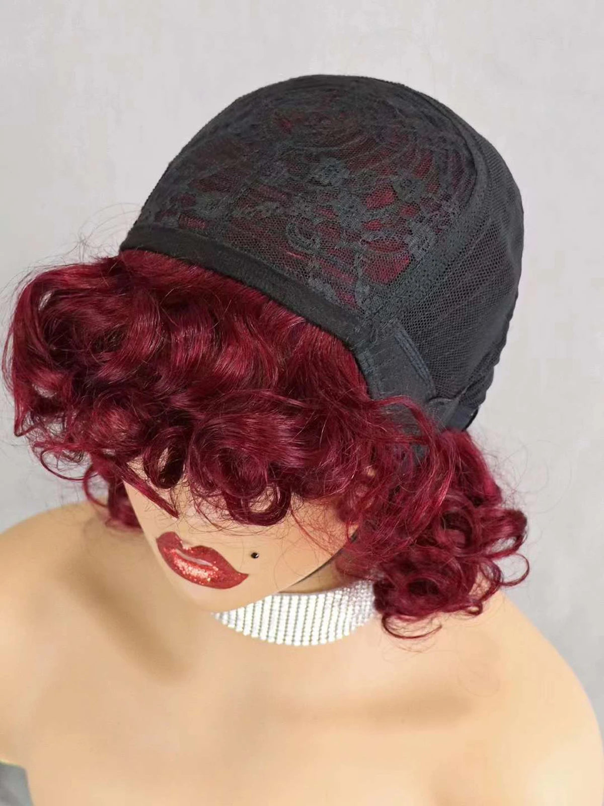 200% Density 99J# Burgundy Bouncy Curly Human Hair Wigs with Bangs Short Machine Made Loose Curly Bob Wigs PrePlucked for Women