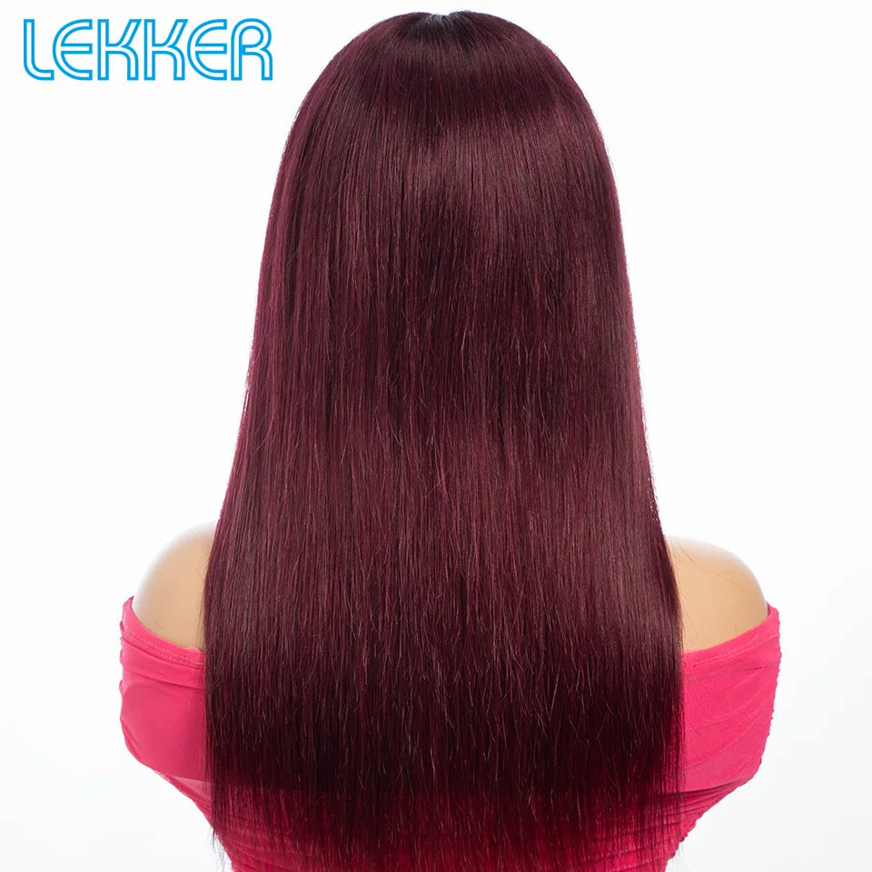 Lekker 99J Burg Red Bone Straight 100% Human Hair Wig With Bangs For Women Brazilian Remy Hair Colored Full Machine Made 22" Wig