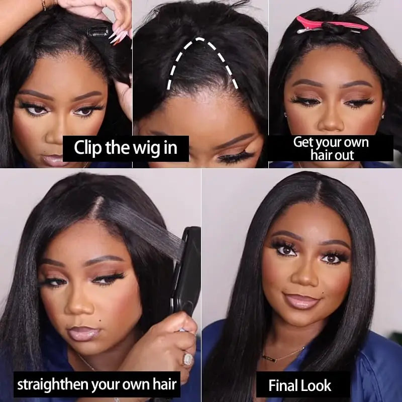 V Part Kinky Straight Wigs Human Hair For Women No Leave Out Natural Color Machine Made V Part Yaki Straight Wigs Brazilian Hair