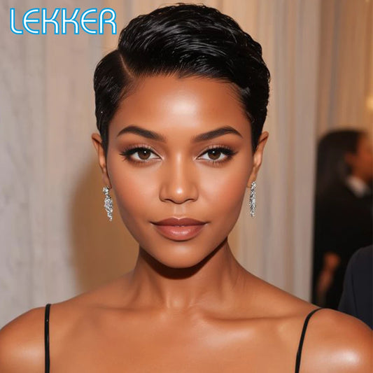 Lekker Short Pixie Cut 13X1 Part Lace Front 100% Human Hair Wig For Women Ready to Wear Brazilian Remy Hair Colored Straight Wig