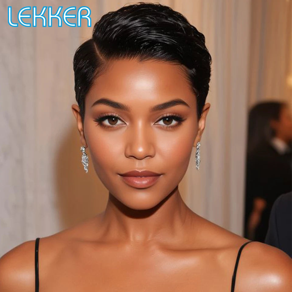 Lekker Short Pixie Cut 13X1 Part Lace Front 100% Human Hair Wig For Women Ready to Wear Brazilian Remy Hair Colored Straight Wig