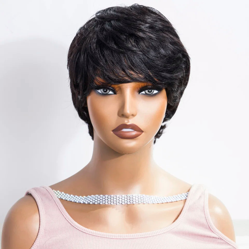 Sleek Short Pixie Cut Human Hair Wigs For Women 100% Real Brazilian Hair Wigs Natural Black Short Straight Woman Wigs