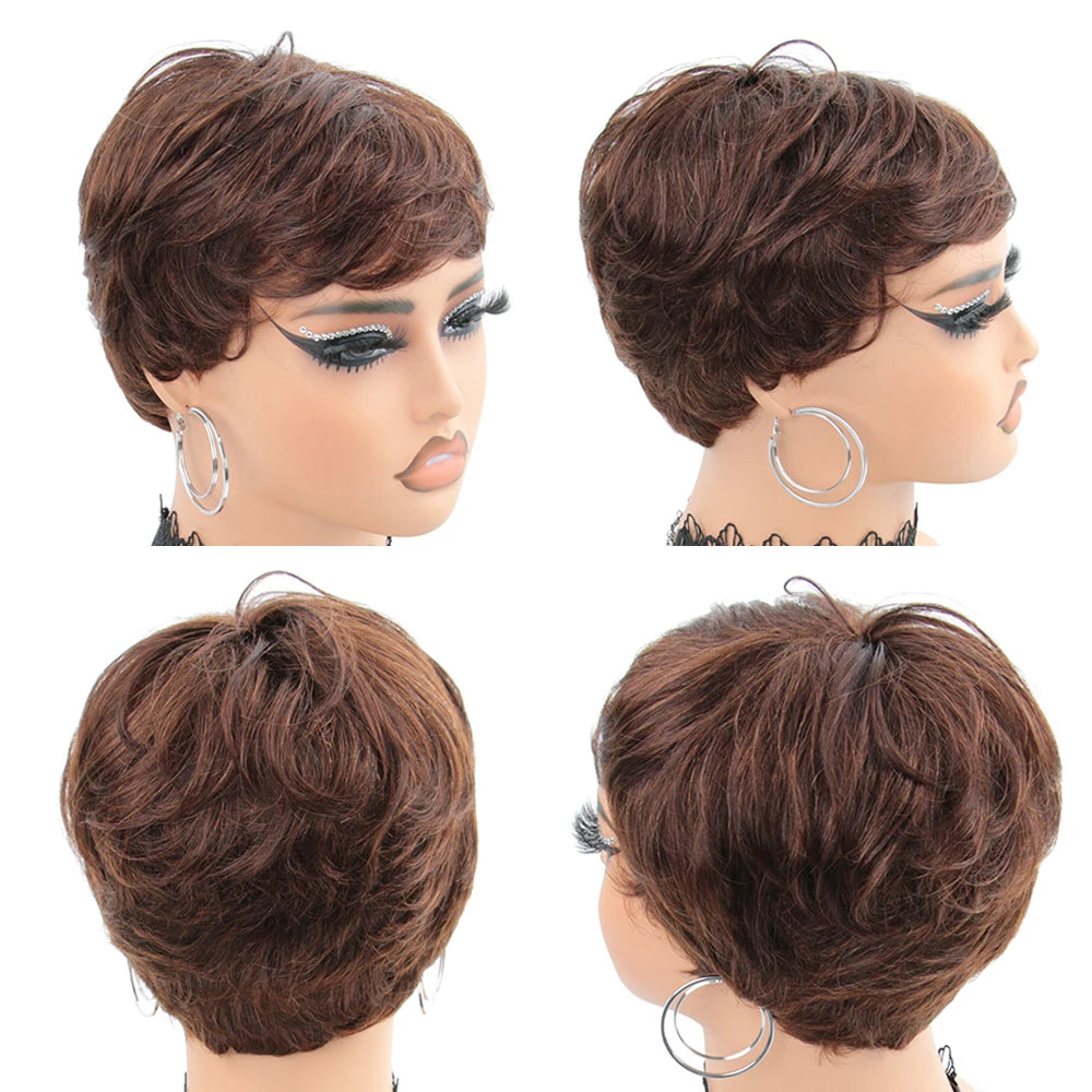 Brown Short Pixie Cut Wig Human Hair For Black Women Machine Made Wigs With Bangs Colored Brazilian Wig Human Hair Wigs