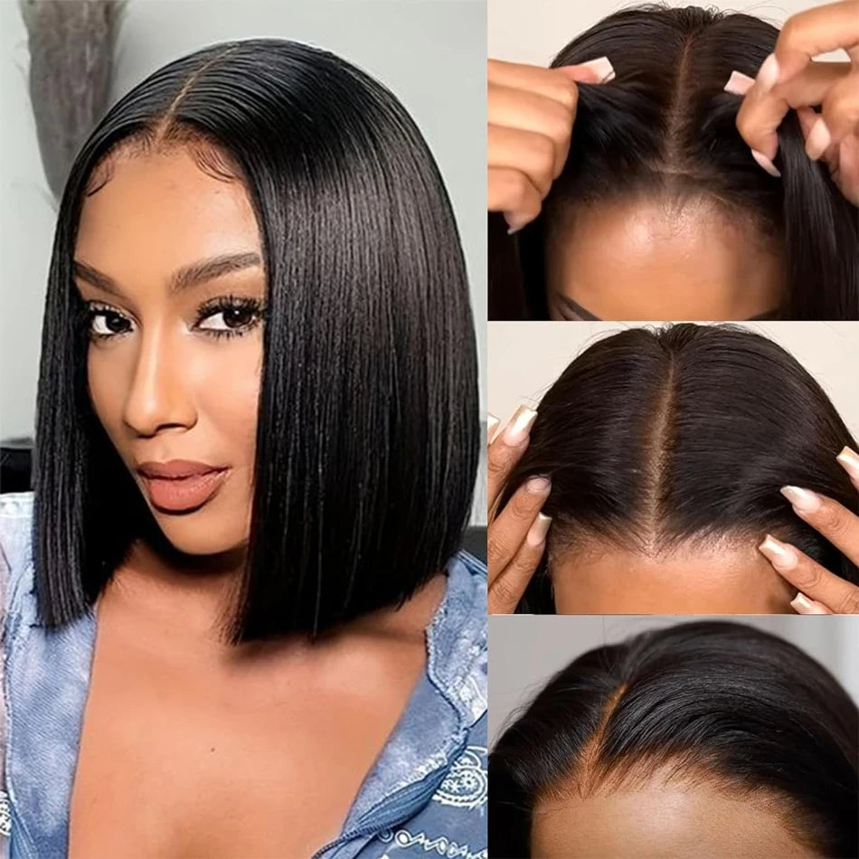 Wear And Go Glueless 100% Brazilian Human Hair Wig Bob HD Lace Bone Straight Short Bob 13x4 Lace Frontal Pre Plucked Ready To Go