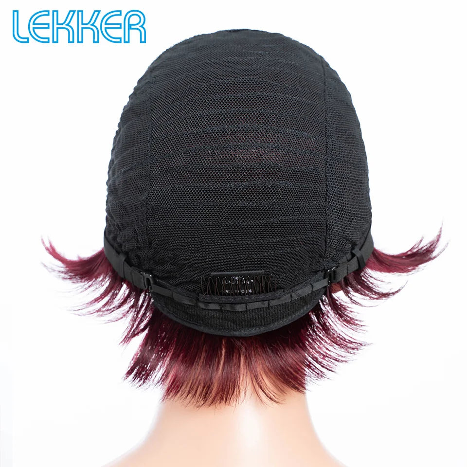 Lekker 99J Burg Red Short Pixie Cut Human Hair Wigs With Bangs For Women Brazilian Remy Hair Colored Straight Bob Full Machine