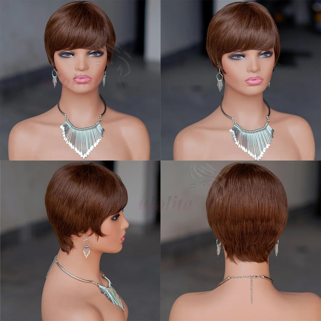 Short Straight Bob Wig Pixie Cut Wig Human Hair For Women With Bangs Brazilian Virgin Hair Non Lace front Cheap Wig Wholesale