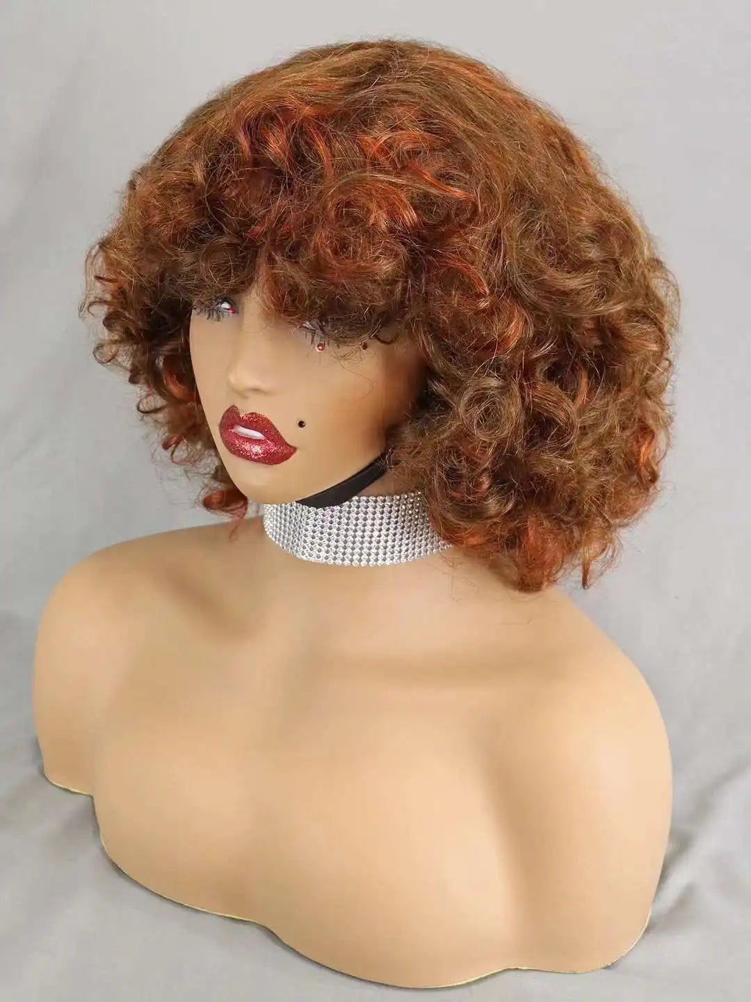 200% Density 99J# Burgundy Bouncy Curly Human Hair Wigs with Bangs Short Machine Made Loose Curly Bob Wigs PrePlucked for Women