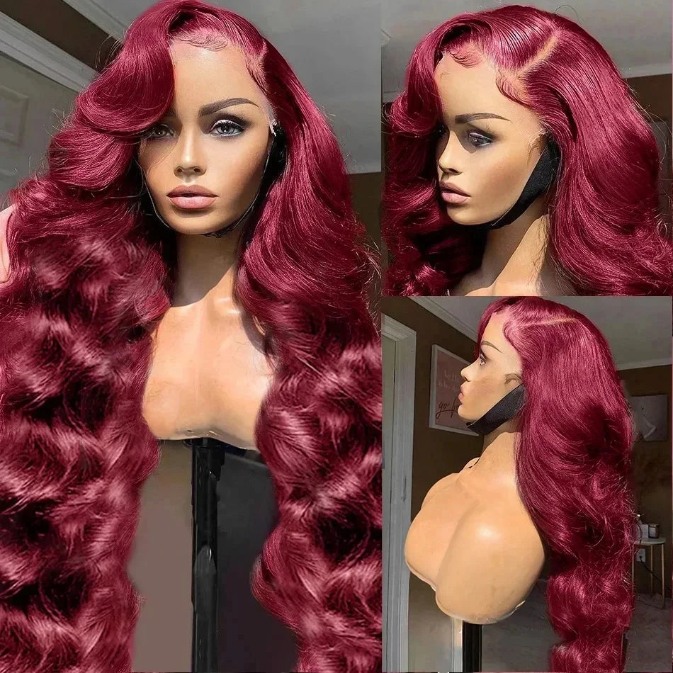 99j Burgundy Body Wave Human Hair 13x6 Hd Transparent Lace Front Wig 13x4 Colored 30 40 Inch Brazilian Hair For Women