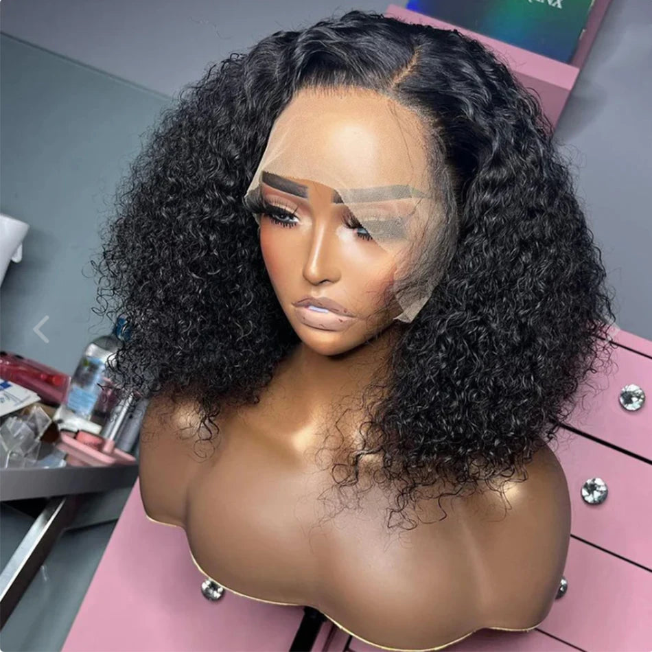 Kinky Curly 13X4 Lace Frontal 100% Human Hair Wigs Short Bob Wigs for Women Glueless Transparent Lace Front Wigs 180% Tissage