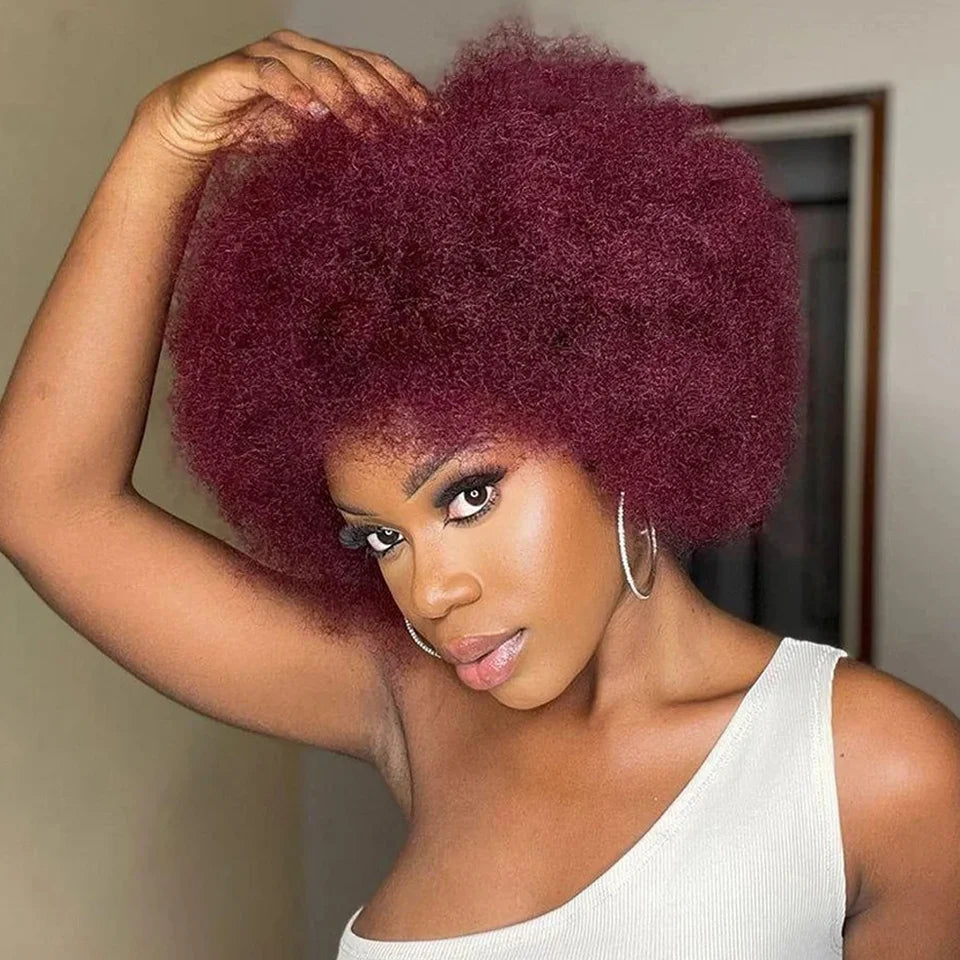 Fluffy Afro Kinky Curly Human Hair Wig With Thick Bangs 99J Red Short Bob Wigs For Black Women 180% Density Full Machine Hair