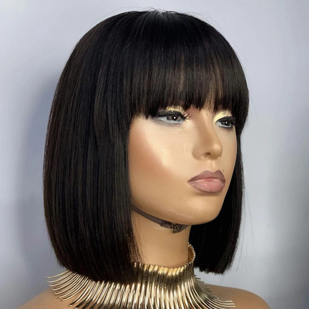 180% Density Straight Bob Wig With Bangs Short Full Machine Made Human Hair Wig Natural Bob Human Hair Wig With Bangs For Women