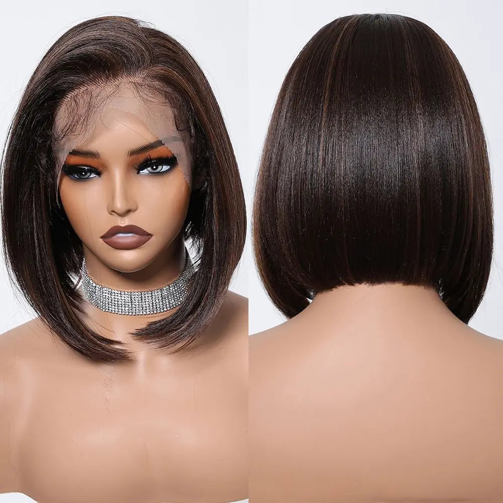 HENRY MARGU Black Bob Lace Front Wigs Brown Highlight Short Straight Daily Synthetic Wig 13*6 Lace Frontal Wig for Women Party