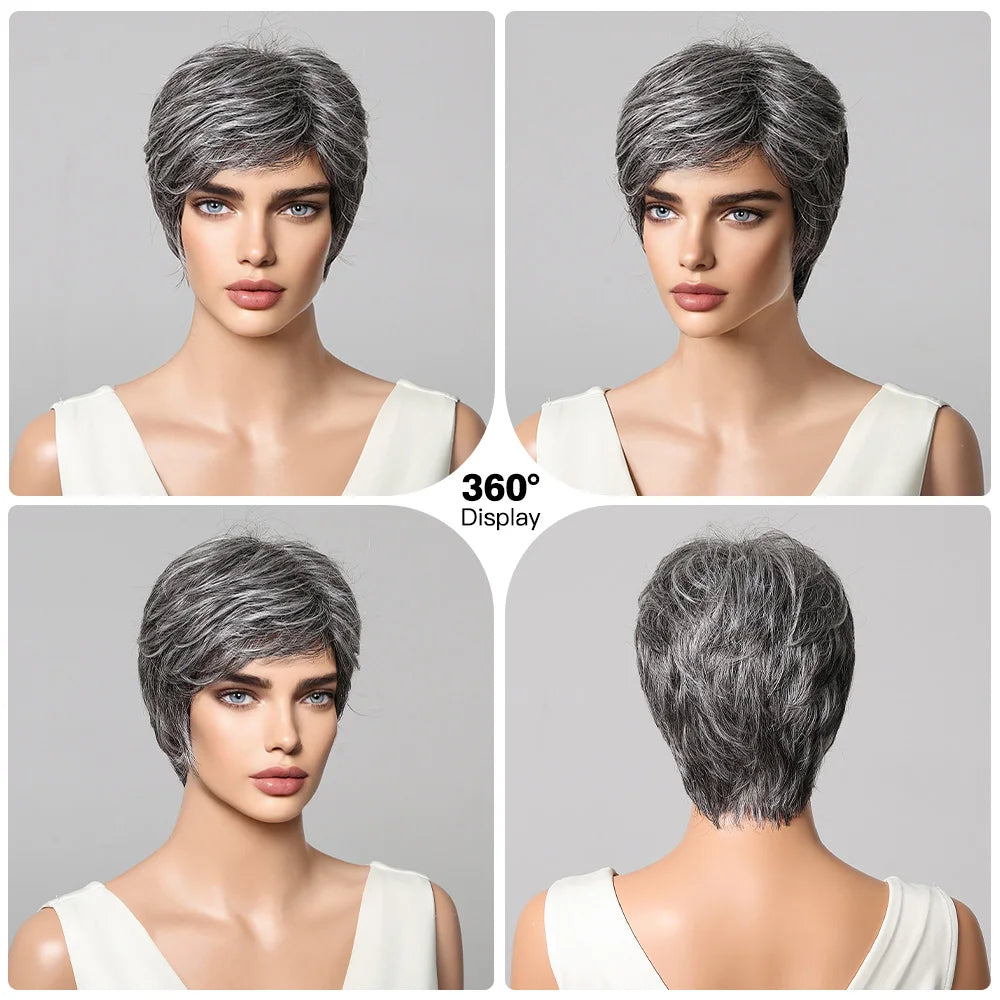 Short Pixie Cut Grey Human Hair Wig 8 Inch Layered Fashion Blend Human Hair Wig for Women Daily Use Hair Machine Made Cheap Wigs