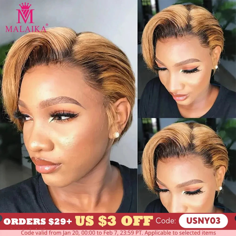 Colored Pixie Cut Remy Human Hair Wig Short Straight Bob 13x4x1 Transparent Lace Ombre Color Wig For Women PrePlucked Cheap Wig