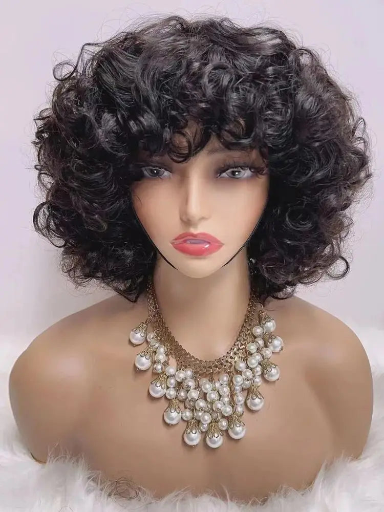 330% Density Brazilian Egg Curl Cut Wig Human Hair With Bangs Water Wave Short Bob Wig For Women Preplucked Local Delivery