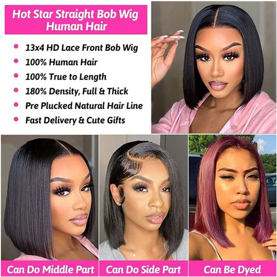 13X4 Glueless Natural Hair Wig 180Density Straight Bob Wig 4X4 Lace Brazilian Wigs 100% Human Hair Wigs For Woman Wigs 8-16 Inch