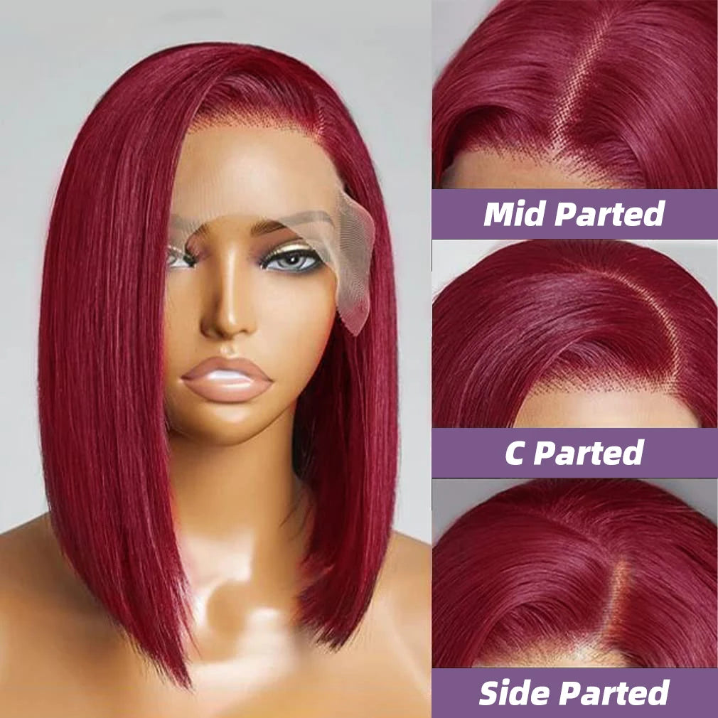 99J Burgundy 13x4 HD Transparent Lace Frontal Bob Wigs Short Straight Bob Wig Pre Plucked 200% Density Brazilian Human Hair Wigs