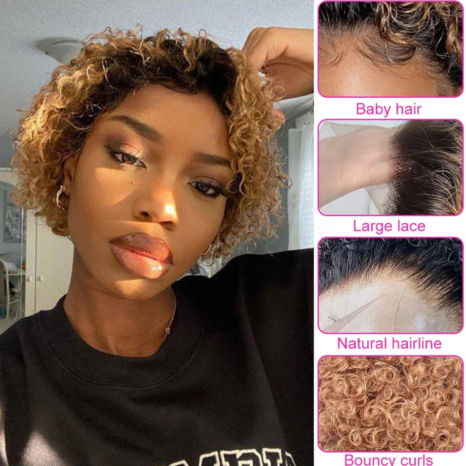 Short Pixie Cut Wig Human Hair 6 Inch 13x1  Brazilian Remy Hair Curly Bob Wig Transparent Lace Wig Preplucked Hairline Yarra