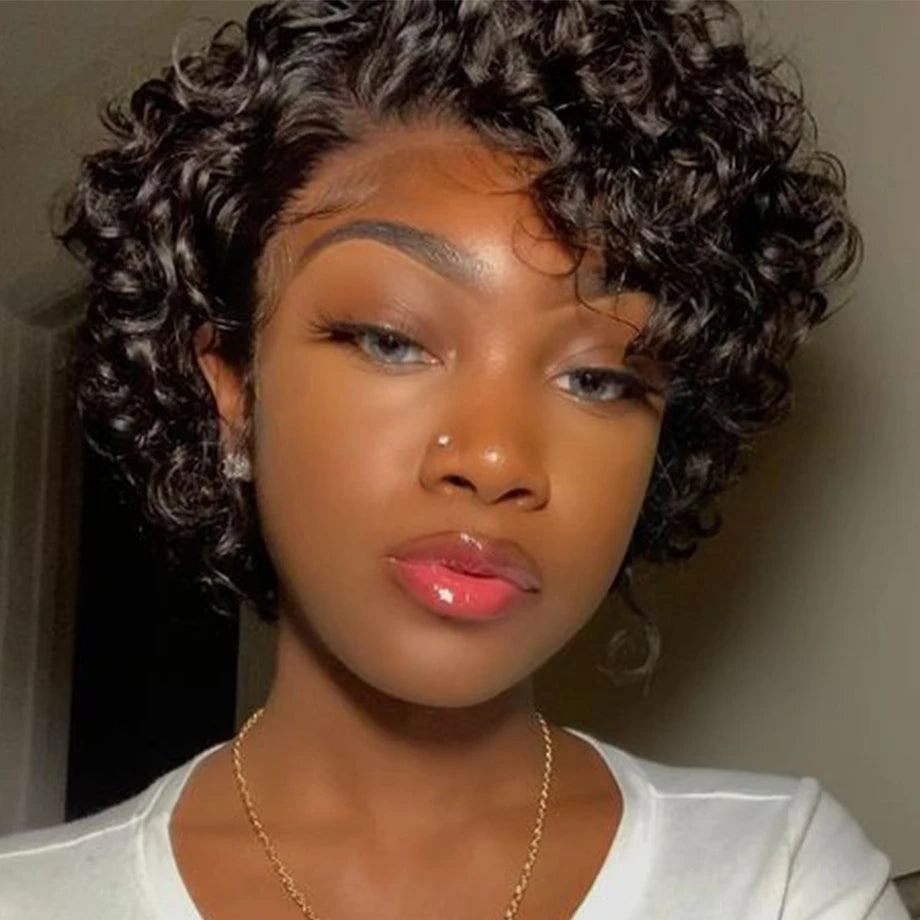 Short Pixie Cut Wig Human Hair 6 Inch 13x1  Brazilian Remy Hair Curly Bob Wig Transparent Lace Wig Preplucked Hairline Yarra