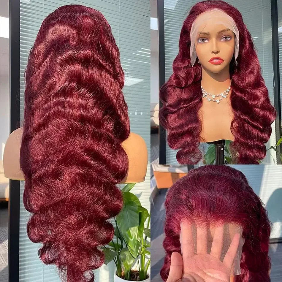 99j Burgundy Body Wave Human Hair 13x6 Hd Transparent Lace Front Wig 13x4 Colored 30 40 Inch Brazilian Hair For Women