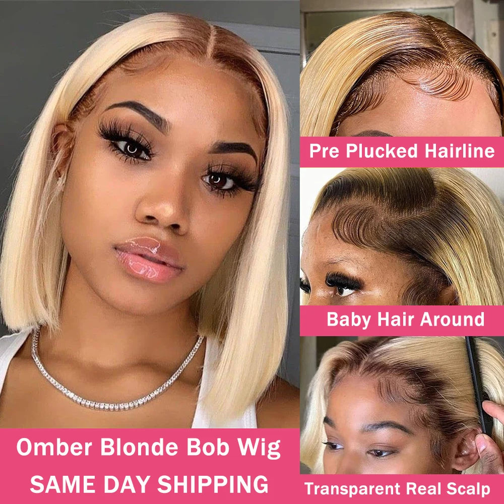 13x4  613 Blonde BOB Ombre Lace Fornt Wig Short Straight Bob Braizilian Human Hair Wigs  Transparent Lace Frontal Wig Preplucked