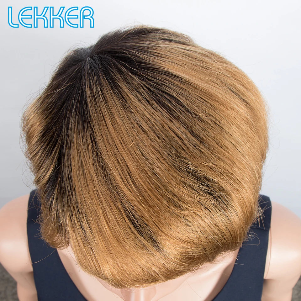 Lekker Highlight Gold Blonde Short Pixie Cut Human Hair Wigs For Women Glueless Brazilian Remy Hair Colored Full Machine Wigs