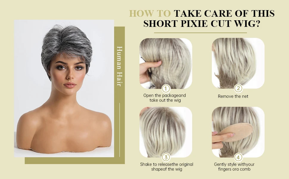 Short Pixie Cut Grey Human Hair Wig 8 Inch Layered Fashion Blend Human Hair Wig for Women Daily Use Hair Machine Made Cheap Wigs