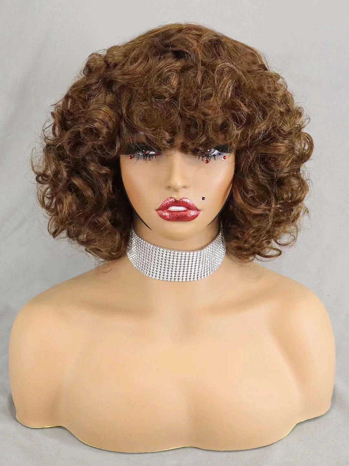 200% Density 99J# Burgundy Bouncy Curly Human Hair Wigs with Bangs Short Machine Made Loose Curly Bob Wigs PrePlucked for Women