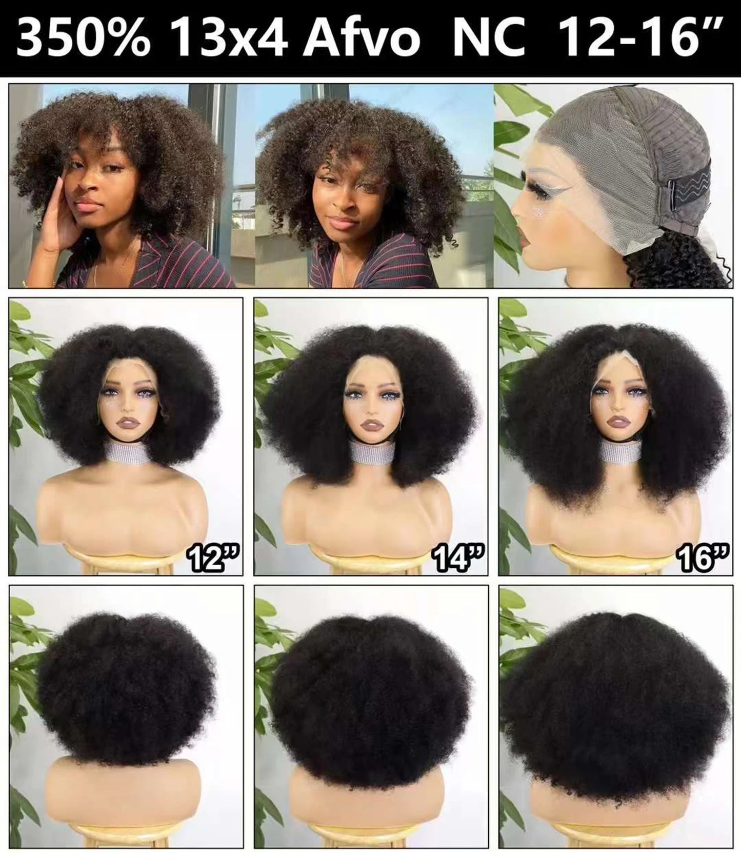 350% Density 4x4 Lace Closure Hair Wigs Remy Human Hair Bob Wigs 12-16 Inch Natural Kinky Afro Curly Hair Wigs for Black Women