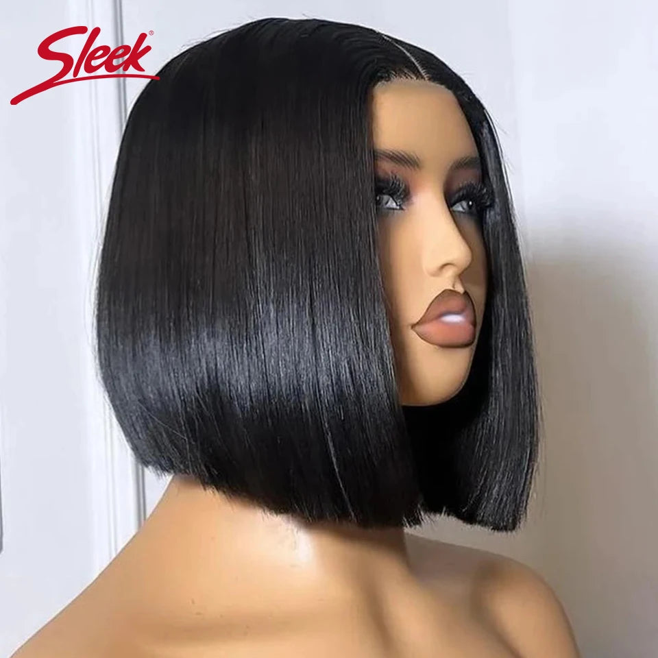 Sleek Remy Brazilian Straight Lace Bob Wigs Short Lace Part Human Hair Wigs 200% Density Cheap Nature Black Dark Human Hair Wigs