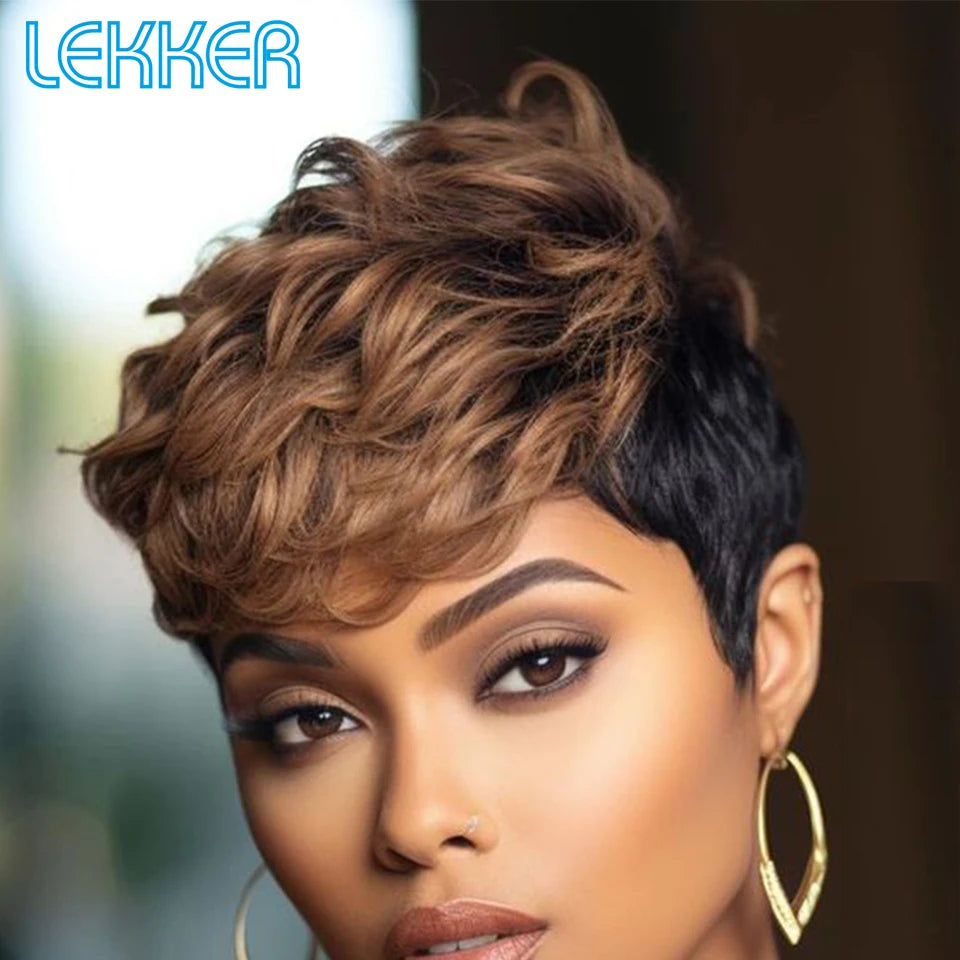 Lekker Highlight Gold Blonde Short Pixie Cut Human Hair Wigs For Women Glueless Brazilian Remy Hair Colored Full Machine Wigs