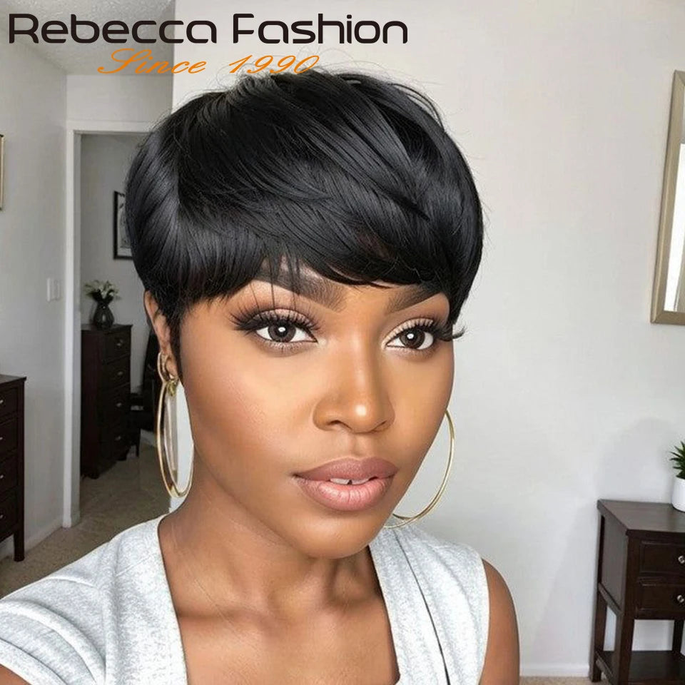 1B Pixie Short Cut Colored Straight Human Hair Wigs With Bangs Fringe Full Machine Made Wigs For Women Brazilian Natural Black