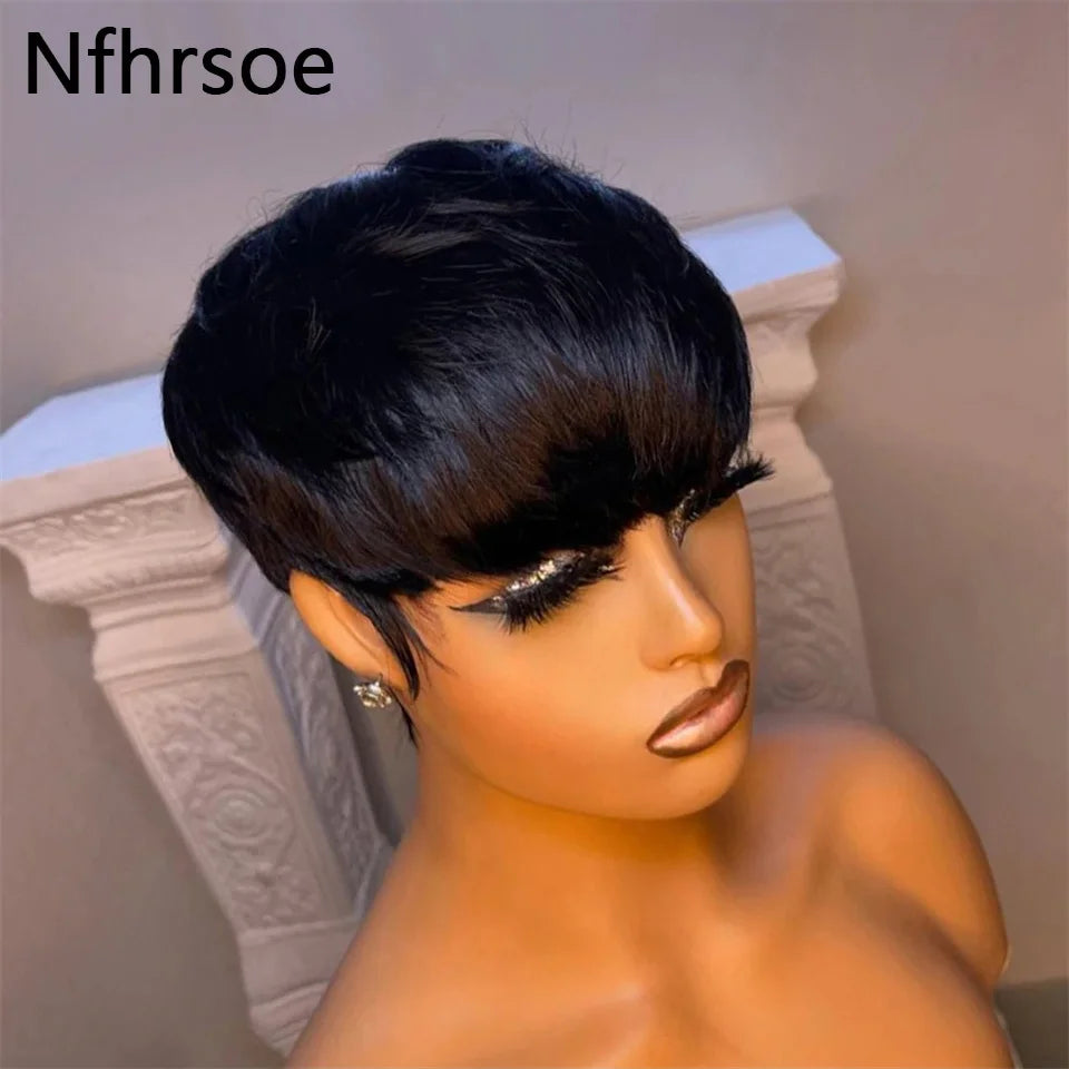 Short Bob Pixie Cut Wig Straight Bob Wigs Human Hair For Women With Bangs Brazilian Virgin Human Hair Wigs Non Lace Front Wig