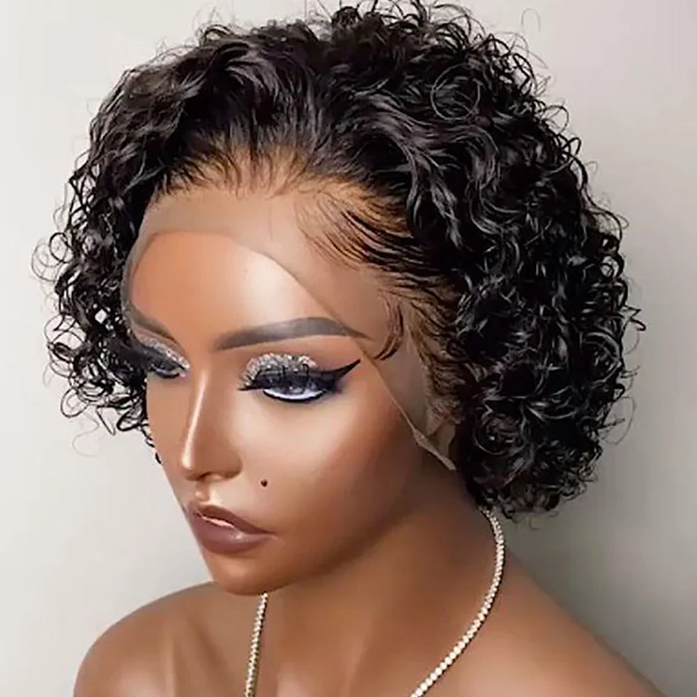 Pixie Cut Wig Colored Lace Wig Spring curl Short Bob Human Hair Wig For Women Natural Black Color Human Hair Cheap Wig 13X1