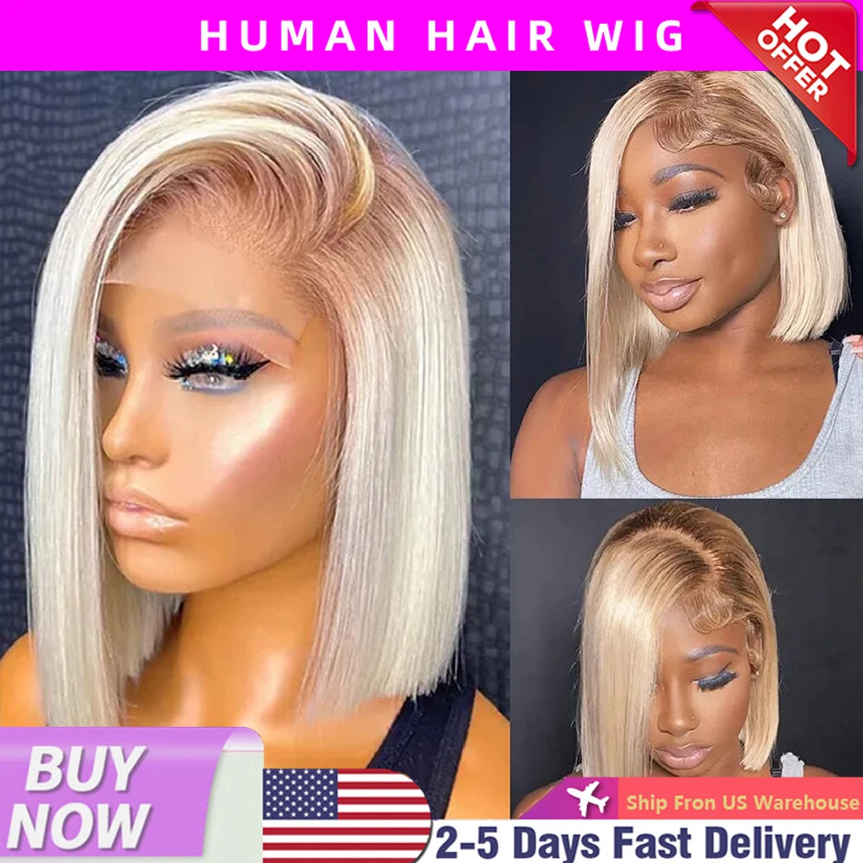 13x4  613 Blonde BOB Ombre Lace Fornt Wig Short Straight Bob Braizilian Human Hair Wigs  Transparent Lace Frontal Wig Preplucked