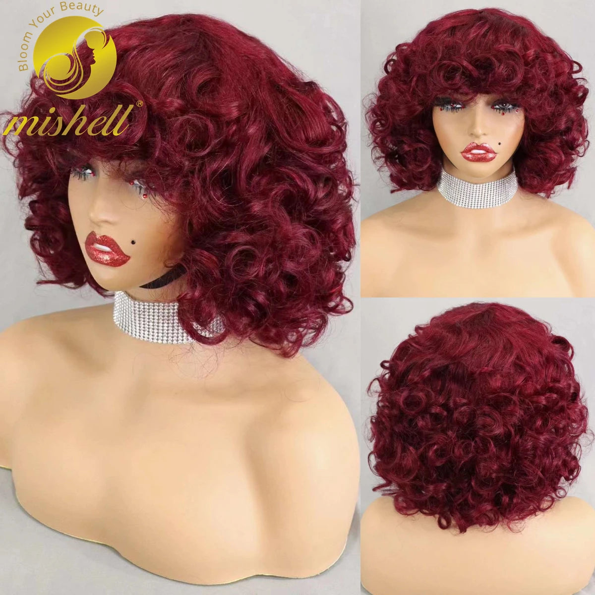 200% Density 99J# Burgundy Bouncy Curly Human Hair Wigs with Bangs Short Machine Made Loose Curly Bob Wigs PrePlucked for Women