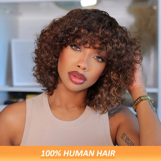 Brown Color Kinky Curly Human Hair Wigs With Bangs Glueless Wig Remy Brazilian Short Curly Human Hair Wig