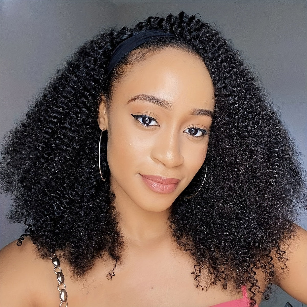 Luxurious Kinky Curly Headband Wig - 150% Density Brazilian Virgin Human Hair, Natural Black,, Glueless with Random Headband