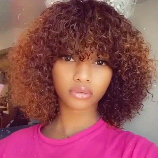 Brown Color Kinky Curly Human Hair Wigs With Bangs Glueless Wig Remy Brazilian Short Curly Human Hair Wig