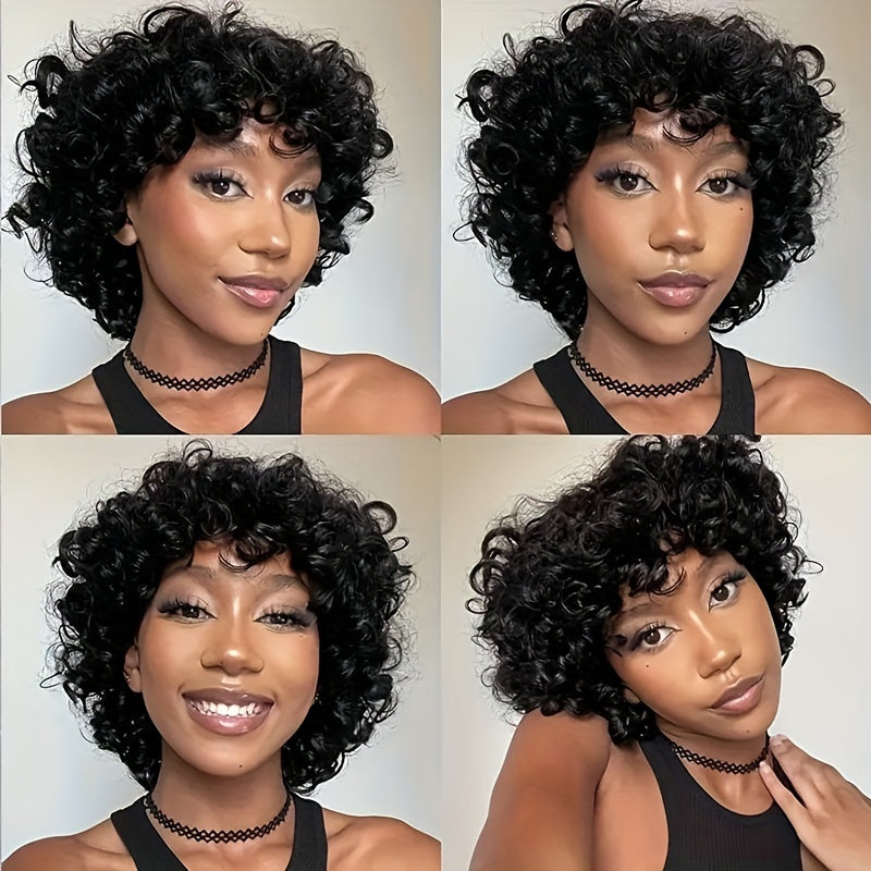 Women'S 100% Human Hair Short Bob Wig, Afro Loose Curls with Bangs, Pixie Cut, Bouncy 180% Density, Rose Cap, Glueless Put-On Wig for All Ethnicities