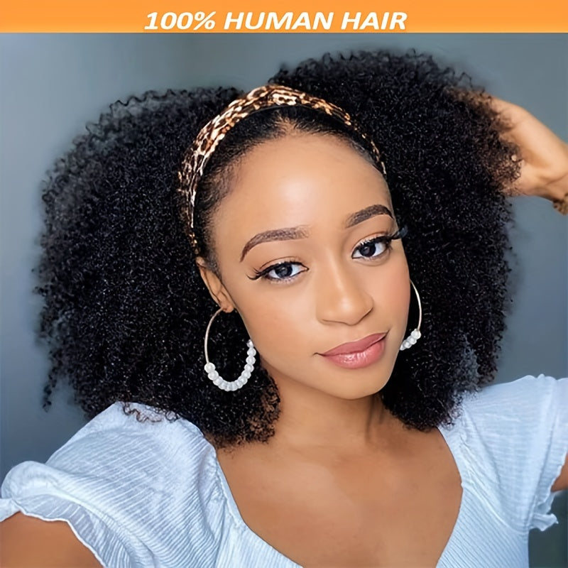 Luxurious Kinky Curly Headband Wig - 150% Density Brazilian Virgin Human Hair, Natural Black,, Glueless with Random Headband