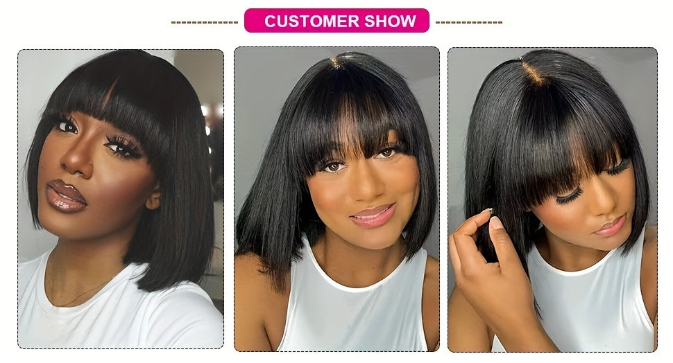 Women's Straight Bob Wig with Bangs - Glueless Human Hair Wig, Pre-plucked with Baby Hair, 150% Density, Versatile 2x4 Lace Area, Basic Style, Universal Fit