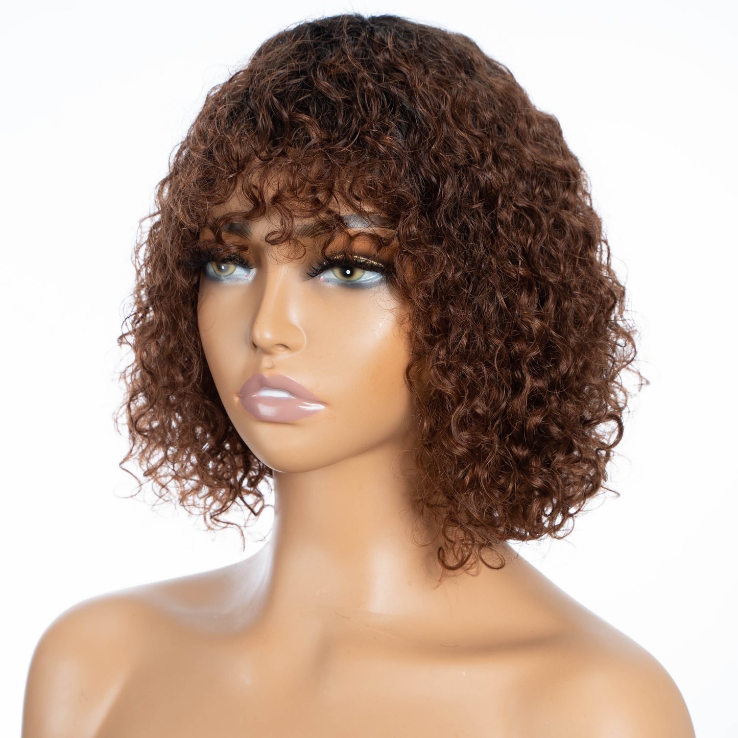 Brown Color Kinky Curly Human Hair Wigs With Bangs Glueless Wig Remy Brazilian Short Curly Human Hair Wig