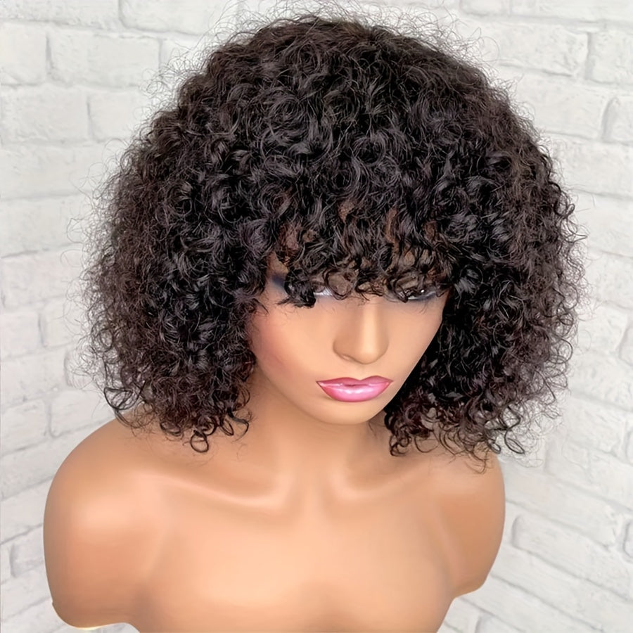 Ready To Go Glueless Water Wave Curls Machine Made Bob Wig and Glueless Short Curly Human Hair Bob Wig Machine Made Wig 100% Human Hair Wig With Bangs For Women 180% Density Full Machine Made Wig Natural Black Color 25.4 cm